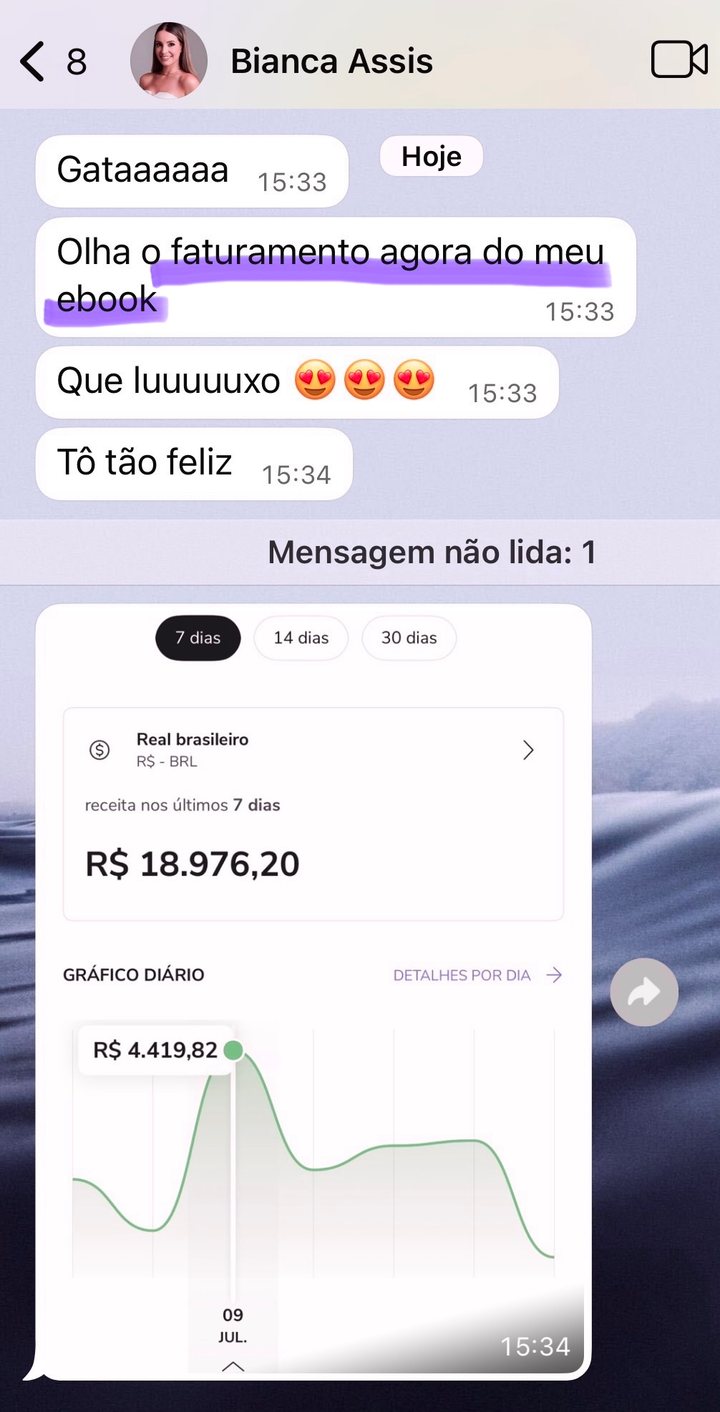 Bianca mostrando o faturamento do ebook: R$18.976 em 7 dias