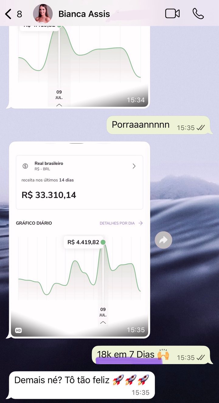 Bianca mostrando o faturamento do ebook: R$33.310 em 14 dias